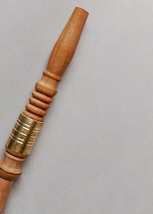 Blond hardwood sebsi pipe with a deep hammered brass ferrule